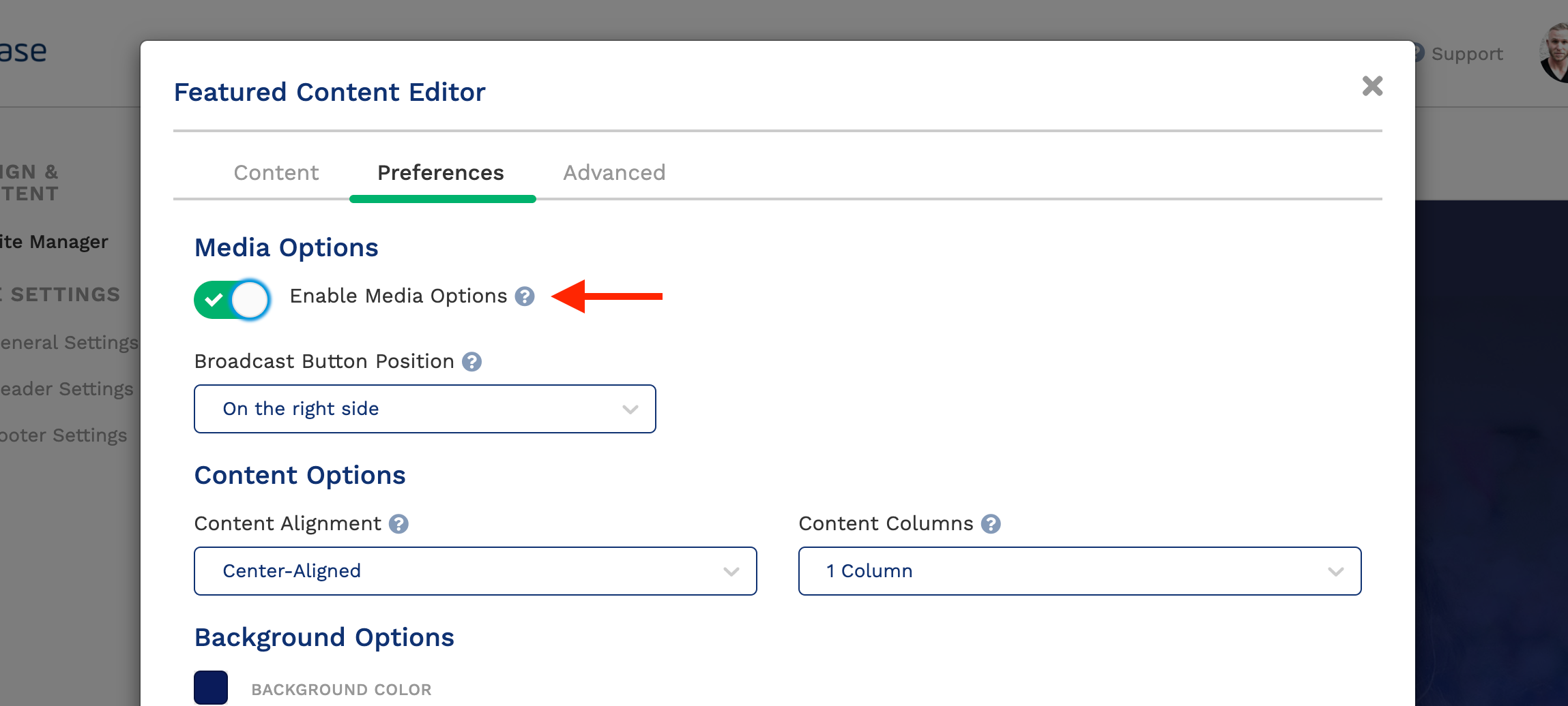 Each content block (website element) will have a setting 